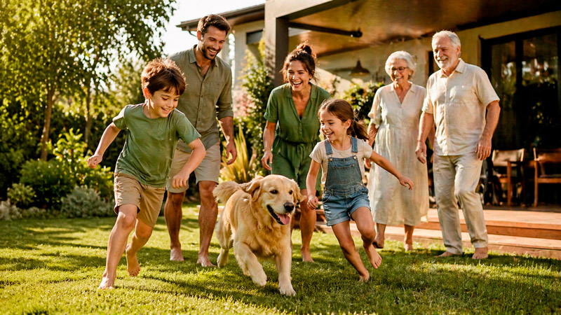 Família sorridente correndo no quintal de grama com o cachorro.